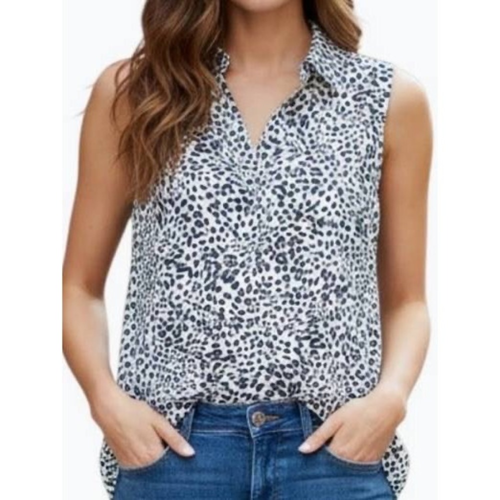 Cabi Navy Blue White Leopard Animal Print Sleeveless V-Neck Blouse Top 5912 L